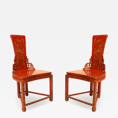 Pair of Asian Chinese 19th Cent Red Gilt Side Chairs