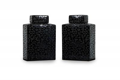 Pair of Asian Contemporary Black and Grey Ceramic Decorative Lidded Jar