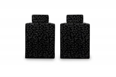 Pair of Asian Contemporary Black and Grey Ceramic Decorative Lidded Jar