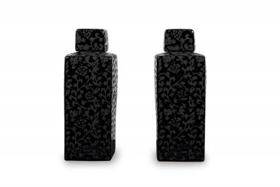 Pair of Asian Contemporary Black and Grey Ceramic Decorative Lidded Jar
