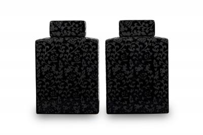 Pair of Asian Contemporary Black and Grey Ceramic Decorative Lidded Jar
