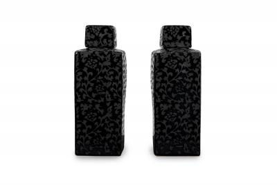 Pair of Asian Contemporary Black and Grey Ceramic Decorative Lidded Jar