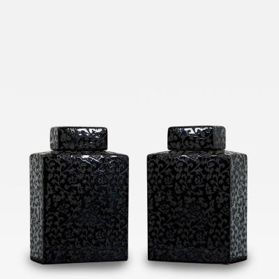 Pair of Asian Contemporary Black and Grey Ceramic Decorative Lidded Jar
