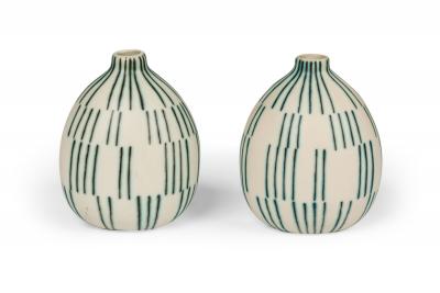 Pair of Asian Contemporary Style Staggered Lines Ceramic Vases
