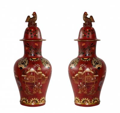 Pair of Asian Rooster Finial Lidded Red Urns