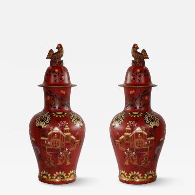 Pair of Asian Rooster Finial Lidded Red Urns