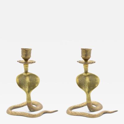 Pair of Asian Siamese Style Bronze Cobra Candlesticks