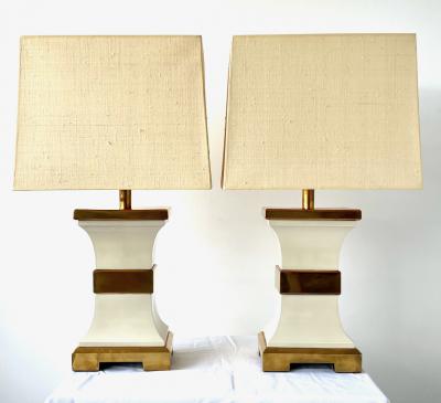 Pair of Asian inspired porcelain and brass table lamps France 1960s