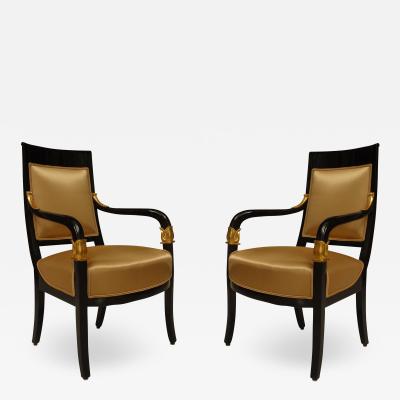 Pair of Austrian Biedermeier Ebonized Upholstered Armchairs