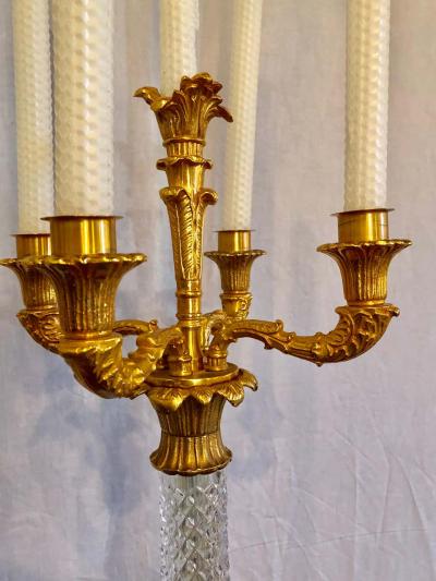 Pair of Bagu s Style Cut Crystal and Gilt Brass Table Candelabras or Lamps