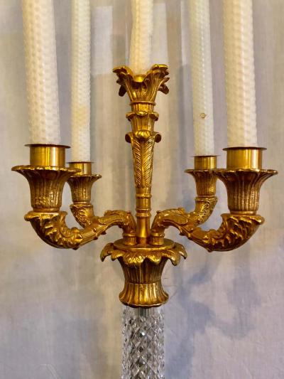 Pair of Bagu s Style Cut Crystal and Gilt Brass Table Candelabras or Lamps