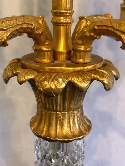 Pair of Bagu s Style Cut Crystal and Gilt Brass Table Candelabras or Lamps