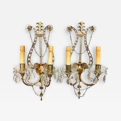 Pair of Bagues Louis XVI Style Lyre Back Crystal and Brass 2 Light Wall Sconces