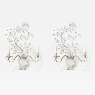 Pair of Bagues Style Rock Crystal Sconces with Vases and Flora