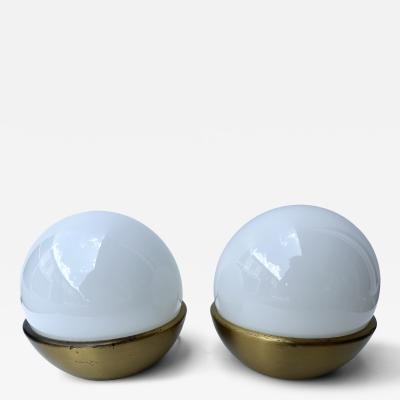 Pair of Ball Lamps Brass and Opaline Murano Glass Italy 1970s