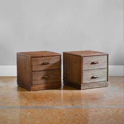 Pair of Bamboo Bedside Tables with Leather Bindings Set of 2