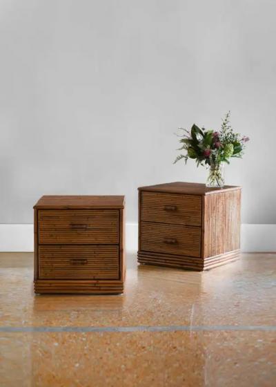 Pair of Bamboo Bedside Tables with Leather Bindings Set of 2