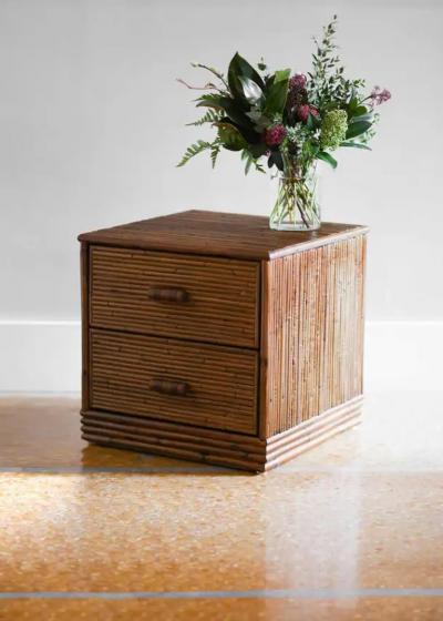 Pair of Bamboo Bedside Tables with Leather Bindings Set of 2