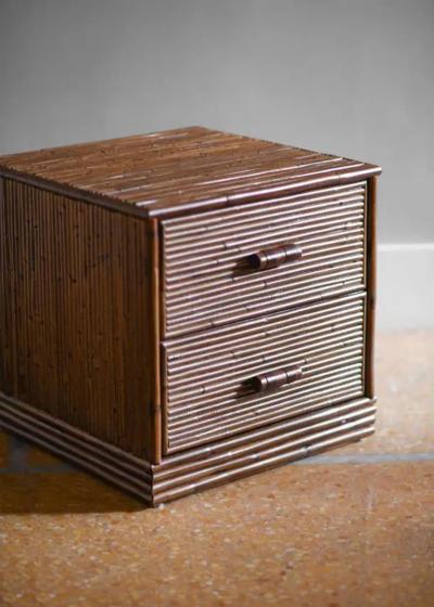 Pair of Bamboo Bedside Tables with Leather Bindings Set of 2