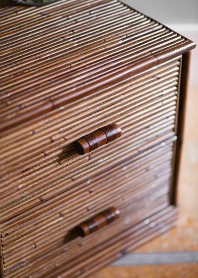 Pair of Bamboo Bedside Tables with Leather Bindings Set of 2