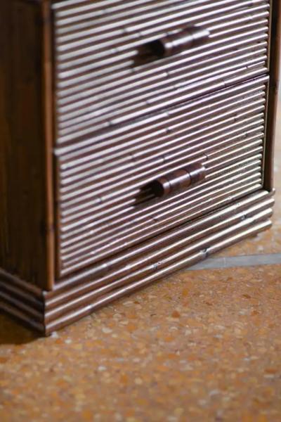Pair of Bamboo Bedside Tables with Leather Bindings Set of 2