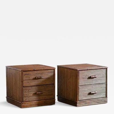 Pair of Bamboo Bedside Tables with Leather Bindings Set of 2