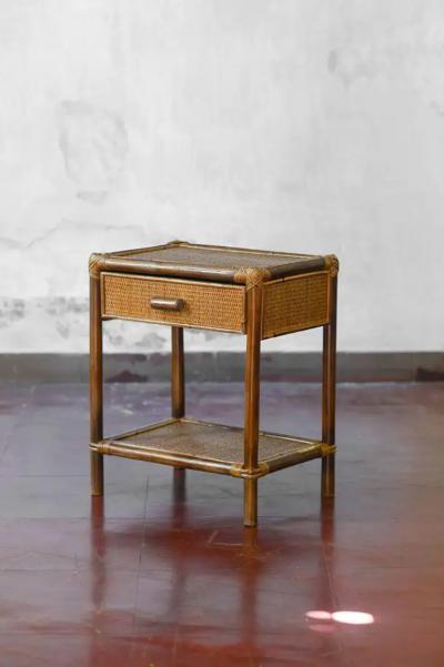 Pair of Bamboo and Wicker Bedside Tables by Edizoni Molto with Drawer and Shelf