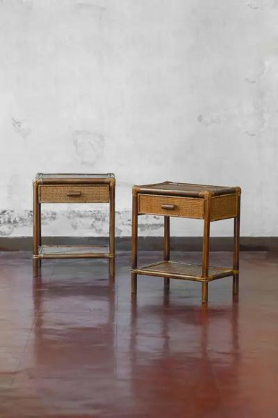 Pair of Bamboo and Wicker Bedside Tables by Edizoni Molto with Drawer and Shelf