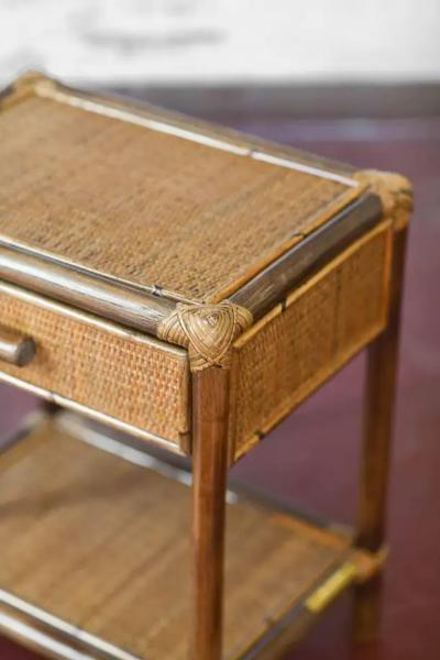 Pair of Bamboo and Wicker Bedside Tables by Edizoni Molto with Drawer and Shelf