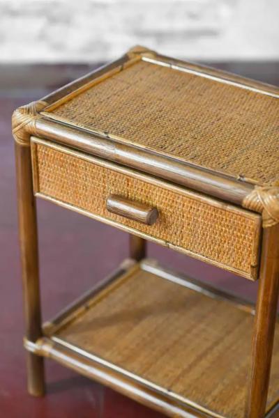Pair of Bamboo and Wicker Bedside Tables by Edizoni Molto with Drawer and Shelf