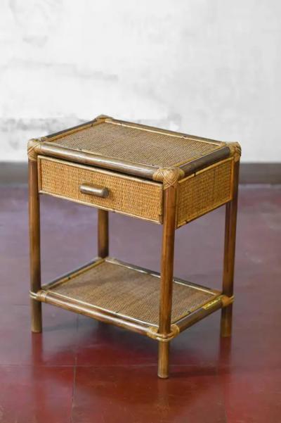 Pair of Bamboo and Wicker Bedside Tables by Edizoni Molto with Drawer and Shelf