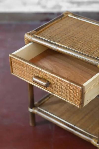 Pair of Bamboo and Wicker Bedside Tables by Edizoni Molto with Drawer and Shelf
