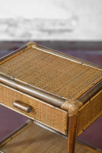 Pair of Bamboo and Wicker Bedside Tables by Edizoni Molto with Drawer and Shelf