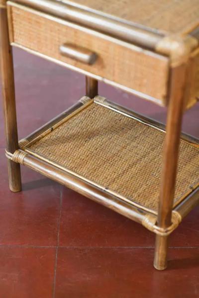 Pair of Bamboo and Wicker Bedside Tables by Edizoni Molto with Drawer and Shelf