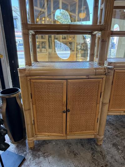 Pair of Bamboo and Woven Rattan Bookcases with Cabinet Bases 1970s