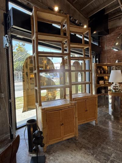 Pair of Bamboo and Woven Rattan Bookcases with Cabinet Bases 1970s
