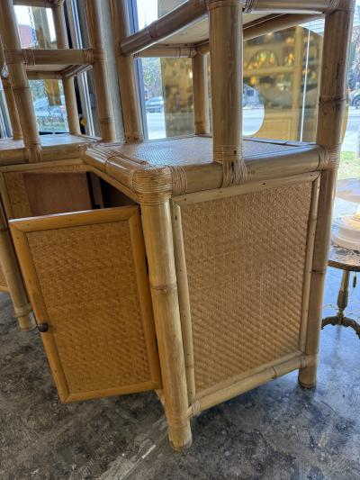 Pair of Bamboo and Woven Rattan Bookcases with Cabinet Bases 1970s