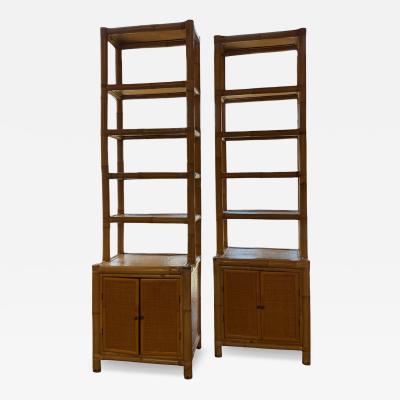 Pair of Bamboo and Woven Rattan Bookcases with Cabinet Bases 1970s