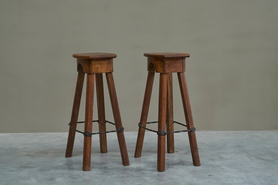 Pair of Bar Stools in Solid Oak and Wrought Iron Mid 20th Century