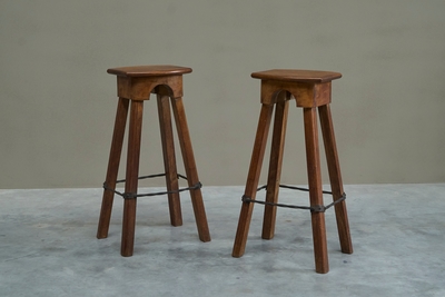 Pair of Bar Stools in Solid Oak and Wrought Iron Mid 20th Century