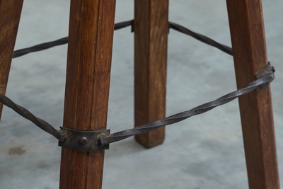 Pair of Bar Stools in Solid Oak and Wrought Iron Mid 20th Century