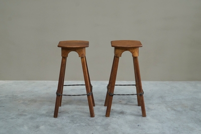 Pair of Bar Stools in Solid Oak and Wrought Iron Mid 20th Century