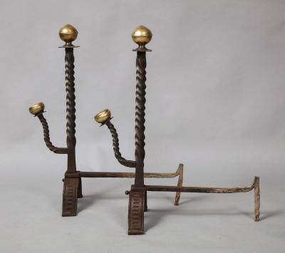 Pair of Baroque Bronze and Iron Andirons