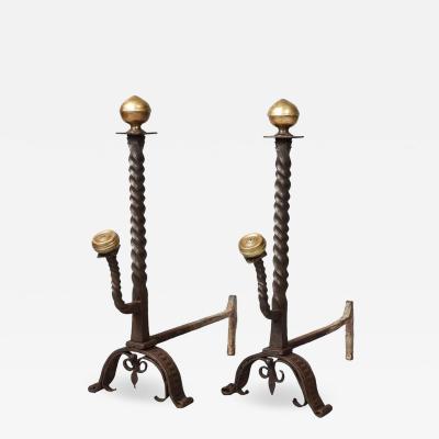 Pair of Baroque Bronze and Iron Andirons