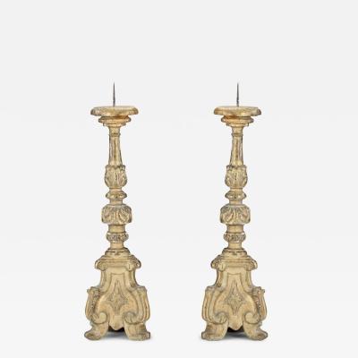 Pair of Baroque Hand Carved Giltwood Candlesticks