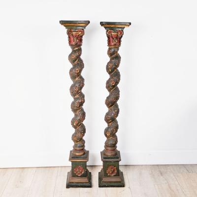 Pair of Baroque Painted and Gilt Solomic Columns Italy 17th 18th century