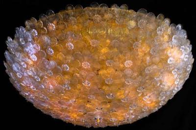 Pair of Barovier Toso Ceiling Light Murano Glass Gold and Ice Flowers Basket
