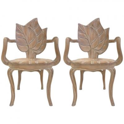 Pair of Bartolozzi Maioli Carved Wooden Leaf Armchairs