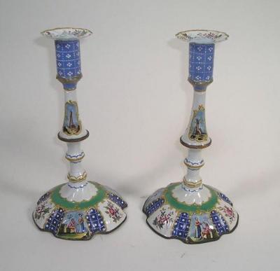 Pair of Battersea Enamel Candlesticks