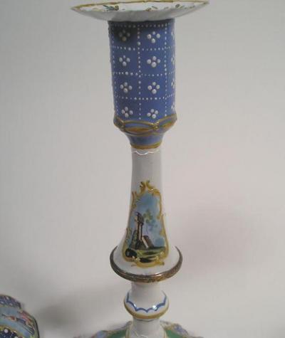 Pair of Battersea Enamel Candlesticks